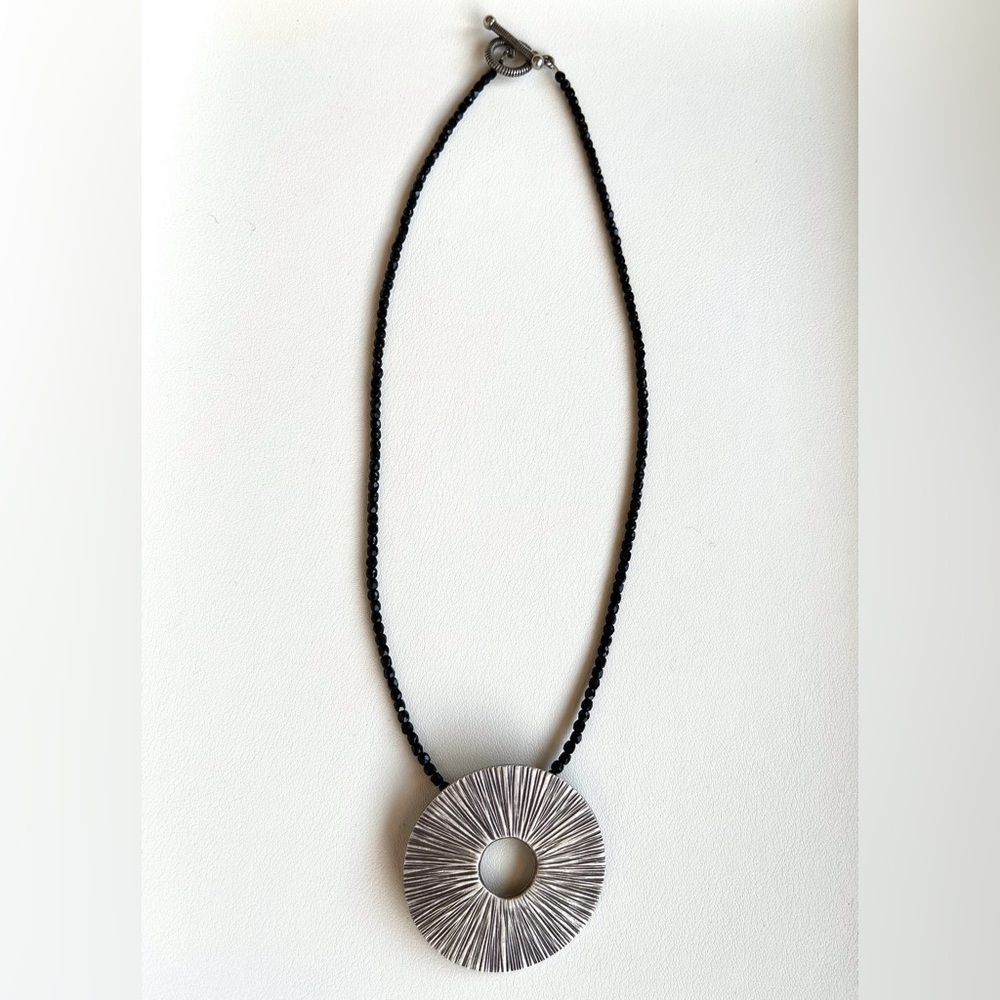 Black Onyx Beaded Necklace with Silver Circle Pendant